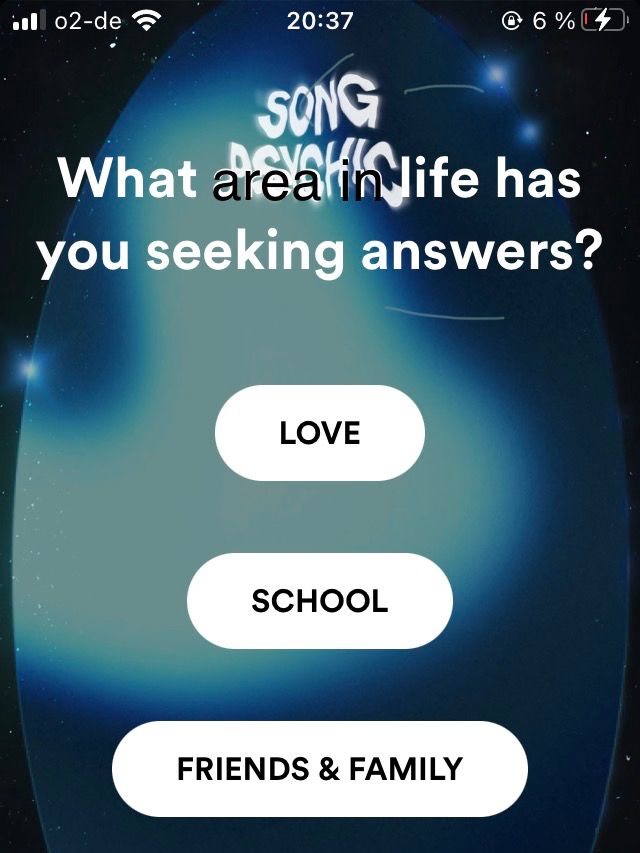 Screenshot of Spotify questionnaire „Which area in life has you seeking answers?“