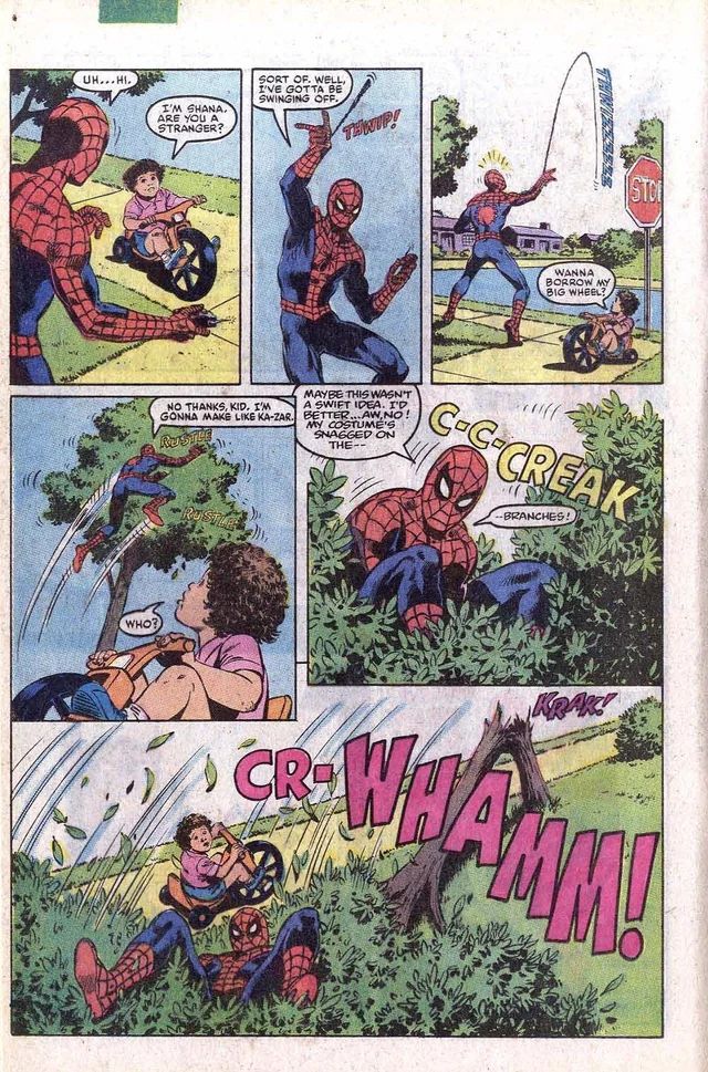 Scan of a page from The Amazing Spider-Man #267. Panel 1: Spidey is standing on a suburb sidewalk. A young child rolls up to him on a Big Wheel. Spidey says, 