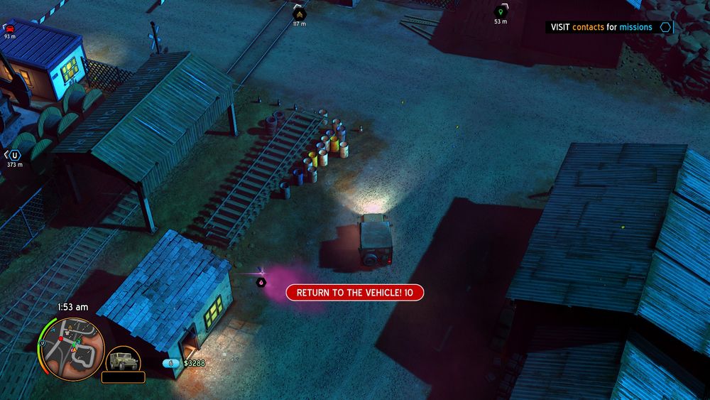 Screenshot from American Fugitive. The main character is driving around in an army jeep. Markers point the way to new missions. Despite all this, a red warning panel is saying 