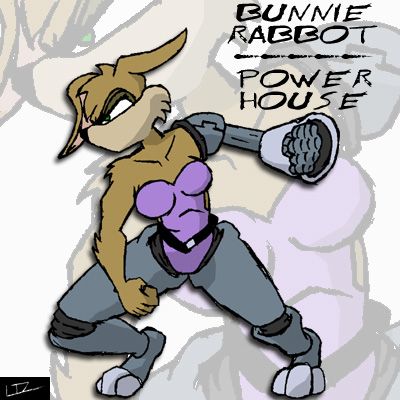 Bunnie Rabbot from Sonic the Hedgehog striking a fighting pose.  In the top right corner is the title Bunnie Rabbot - Powerhouse.