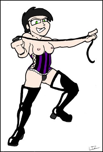 A woman wearing a purple and black corset and leather thigh-high boots and nothing else.  She is holding up a leather whip and overall appears very dominatrix-y.  She has short black hair and a bit of bush, and she may in fact be the same woman as in the second drawing, I'm not sure.