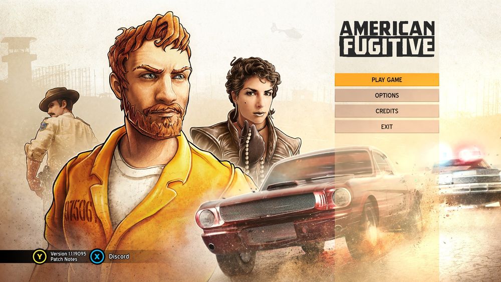 American Fugitive's main menu. Chest-up images of Will and two other characters float on the left side of the screen while a car is being chased by the police on the right.