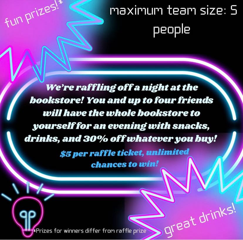 An advertisement describing the raffle prize: a private night at the bookstore for you and four friends