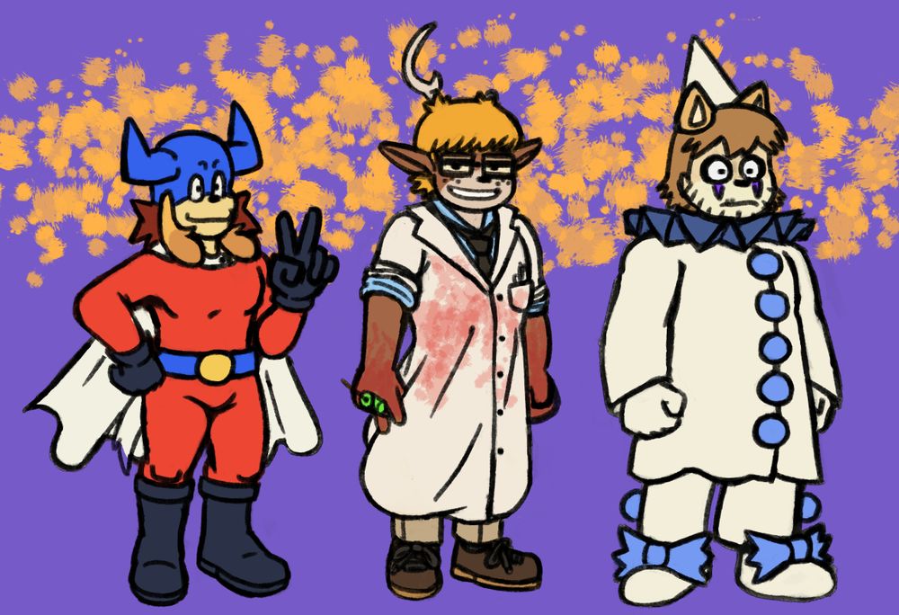 a row of animal people in costumes.
- duane wearing a whole attire resembling bomb jack from the eponymous game series.
- matt wearing a blood-stained labcoat with blood on their arms while holding a syringe with an odd liquid, meant to evoke herbert west - re-animator.
- john is pagliacci