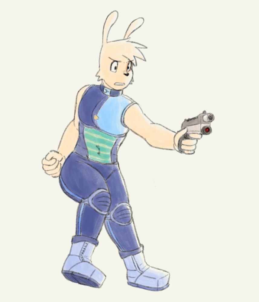 rabbit dude in futuristic light-weight armor pointing a handgun to an unknown offensive force