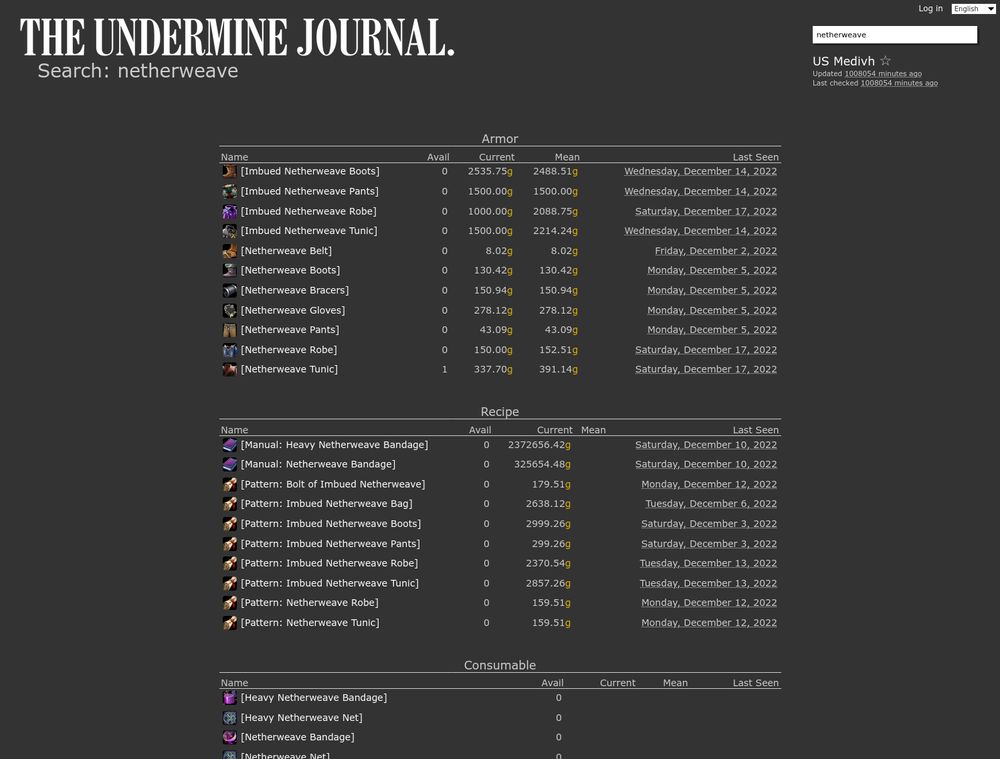A search page screenshot of The Undermine Journal, showing the results for "netherweave." There are stacked lists of results for Armor, Recipe, and Consumable item categories. Each result shows a Last Seen date in December, 2022.