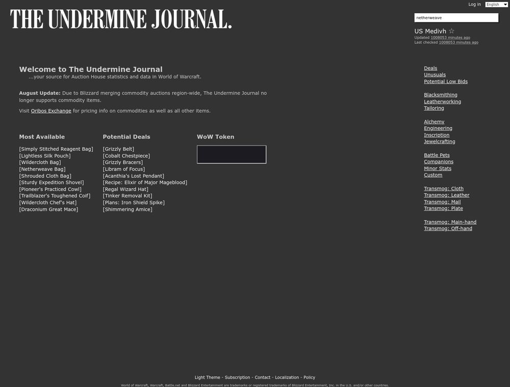 A screenshot of a realm's home page on The Undermine Journal. It's in dark mode and shows the welcome text, links to Most Available and Potential Deals items, a search box, the US Medivh realm and region, and a category list. Under the realm name it conspicuously reads "Updated 1,008,053 minutes ago."