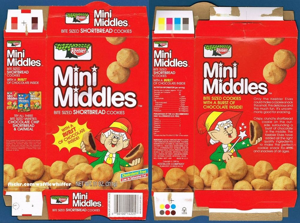 Both sides of a flattened box of Keebler Mini Middles bite-sized Shortbread cookies.