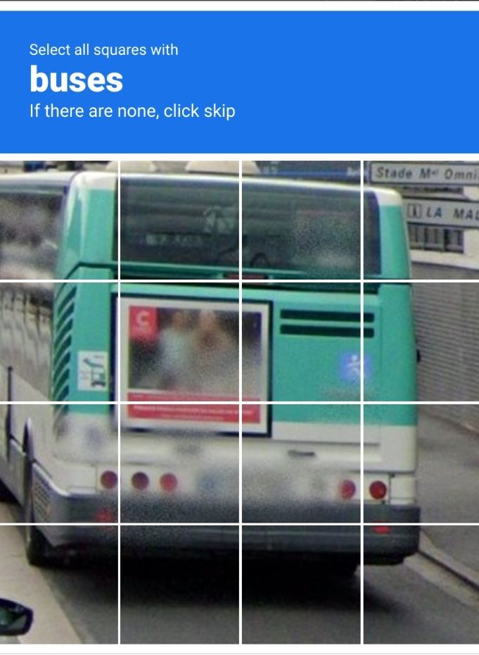 A captcha with the instruction "Select all the squares with buses" and the entire grid of 16 squares is the back of one bus.