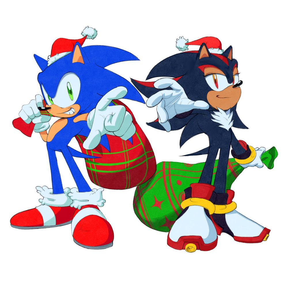 Sonic posing on the left, pointing his finger towards the camera, holding a Santa style gift bag. Shadow to Sonic's right posing and holding a gift bag as well.