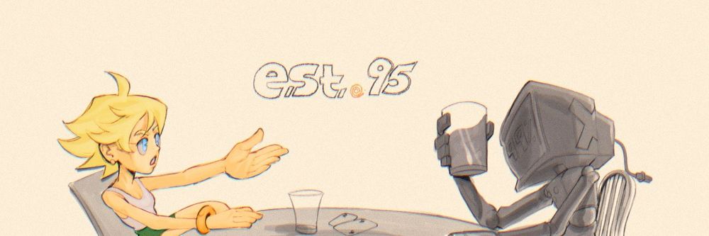 blonde swooped hairstyle girl oc and robot sitting at a table. robot with glass cup in his hand