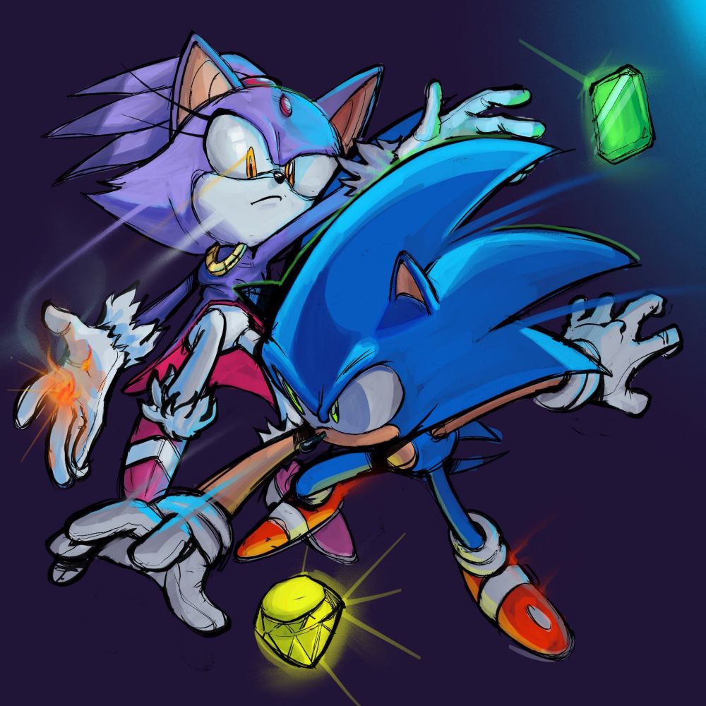 sonic and blaze. Sonic passing by Blaze while swiping at her and Blaze passing by wild reaching for a Sol Emerald.