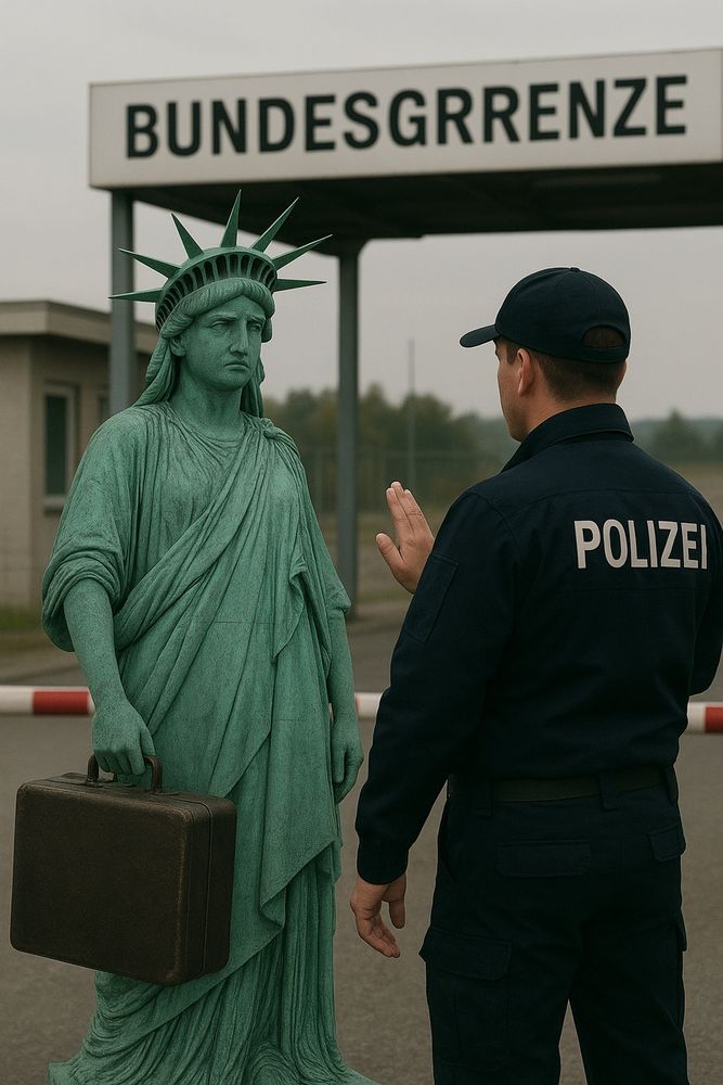 Freiheitsstatue auf der Suche nach Asyl wird an der deutschen Grenze von einem Grenze beamten abgewiesen.