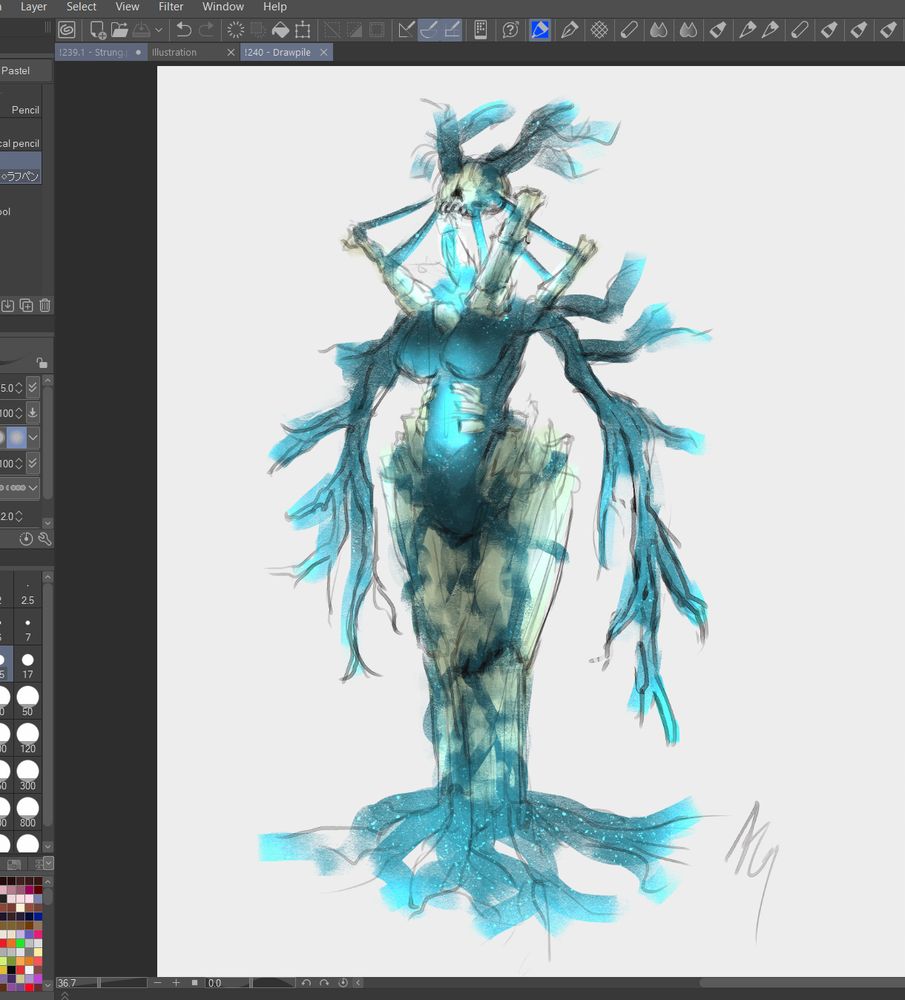 A feminine figure composed of the skulk from Minecraft, forming a "tree trunk" like body, with branching arms and a skull suspended in the air from between four bone structures extending from it's shoulders.