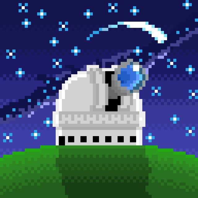 A large white observatory looms in the foreground, its telescope gazing into an unseen distance. Multiple stars shine in the night sky in the background, with a shooting star passing behind the unaware observatory.