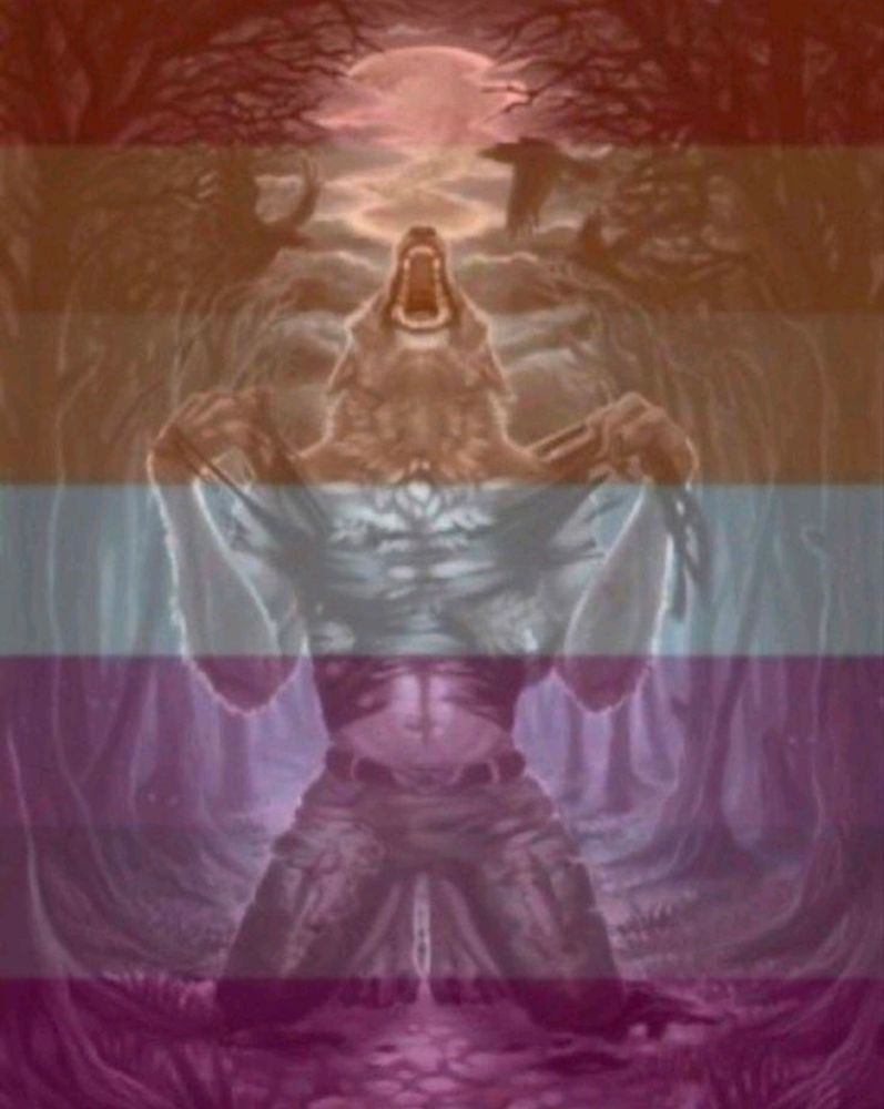 A werewolf transforming and tearing off their shirt while on their knees with the lesbian flag overlayed on top. 