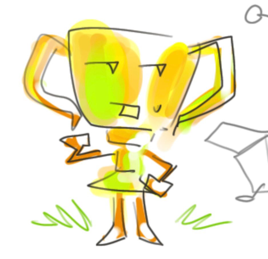 coloured digital sketch of trophy, posing somewhat proudly, but looking awkwardly to the side.
