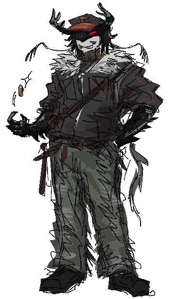 messy fullbody sketch of pest, with one hand in his pocket, the other flipping a coin. their colours are dark and desaturated, their eye being the brightest point in the design.