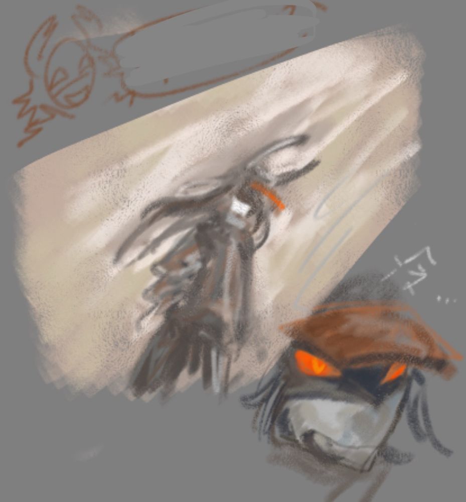 loose sketch of 1314 standing against a light beige background. their hair is blowing in the wind. another closeup sketch of their face, in greyish tones, except for their eyes, which are a very saturated orange