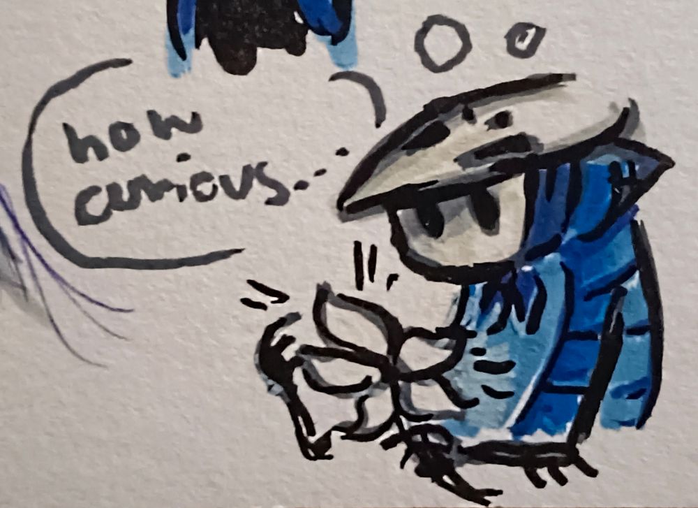 acrylic marker doodle of quirrel from hollow knight holding a delicate flower. he thinks to himself, "how curious..."
