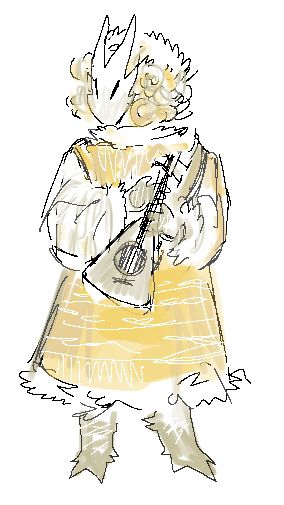 fullbody coloured sketch of dreamer, holding a triangular shaped stringed instrument and looking off to the side. her hat and dress is lined with white fur, with her dress having messily drawn embroidery resembling tree patterning. she also has hooves instead of shoes.