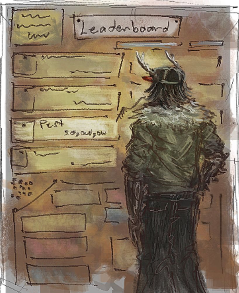 rendered sketch of pest looking for his name in the regretevator coin count leaderboard