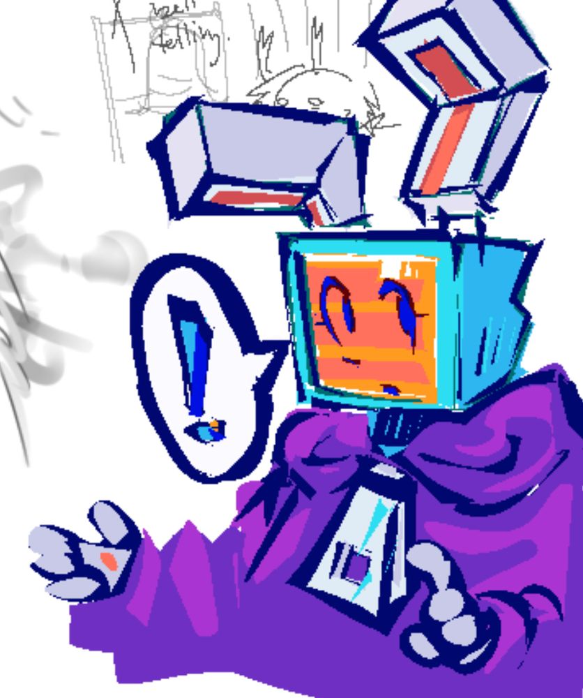 vibrant lasso tool drawing of melanie over various messy sketches in the background. she gestures and points, as if in speech, and has a curious look on her screen. beside her is a big speech bubble with a big exclamation point in it