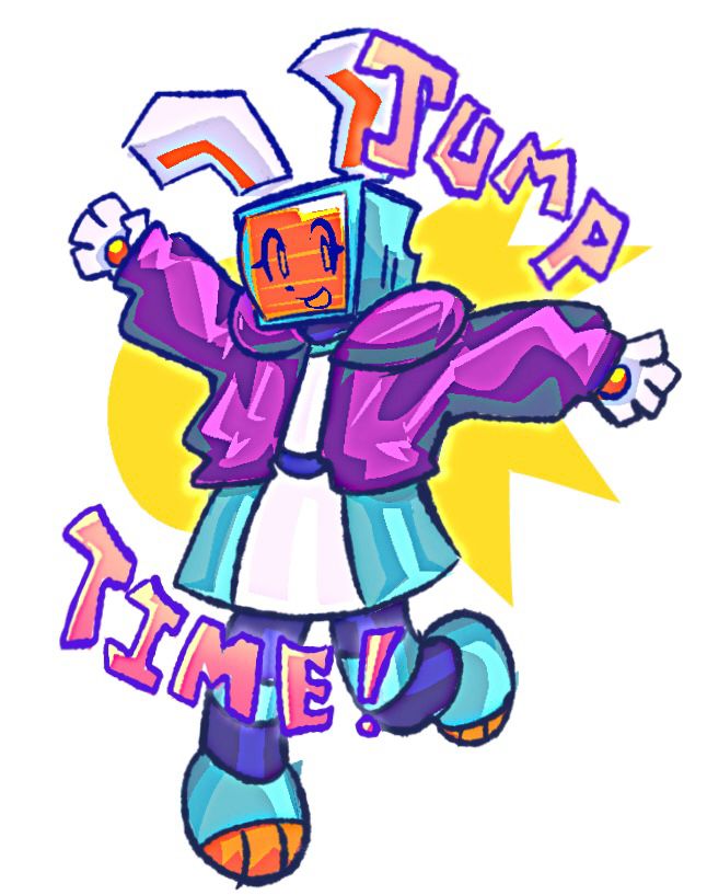 vibrant pop art of melanie, with both arms outstretched and one leg up in a hopping motion. text reads, "Jump Time!"