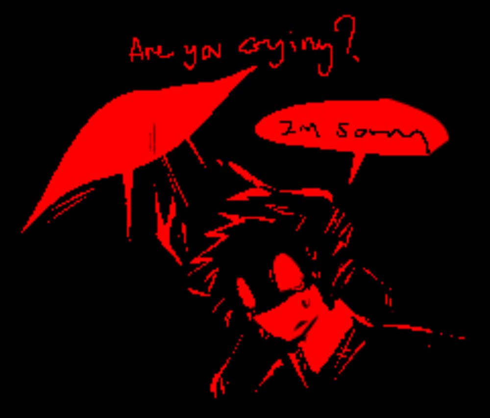 red on black lasso tool doodle of prisoner 1314. he turns his head down while looking very anxious. behind him is a huge eye glaring at him. text reads, "Are you crying?" 1314 says, "I'm sorry"