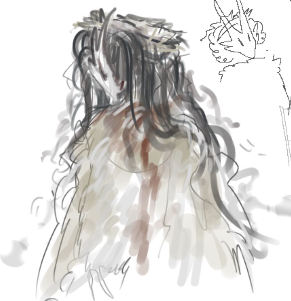 coloured sketch of folly, with long sprawling hair, flowing down around her figure and obscuring her face. she wears a white fur cape, stained and dirty on its left side.