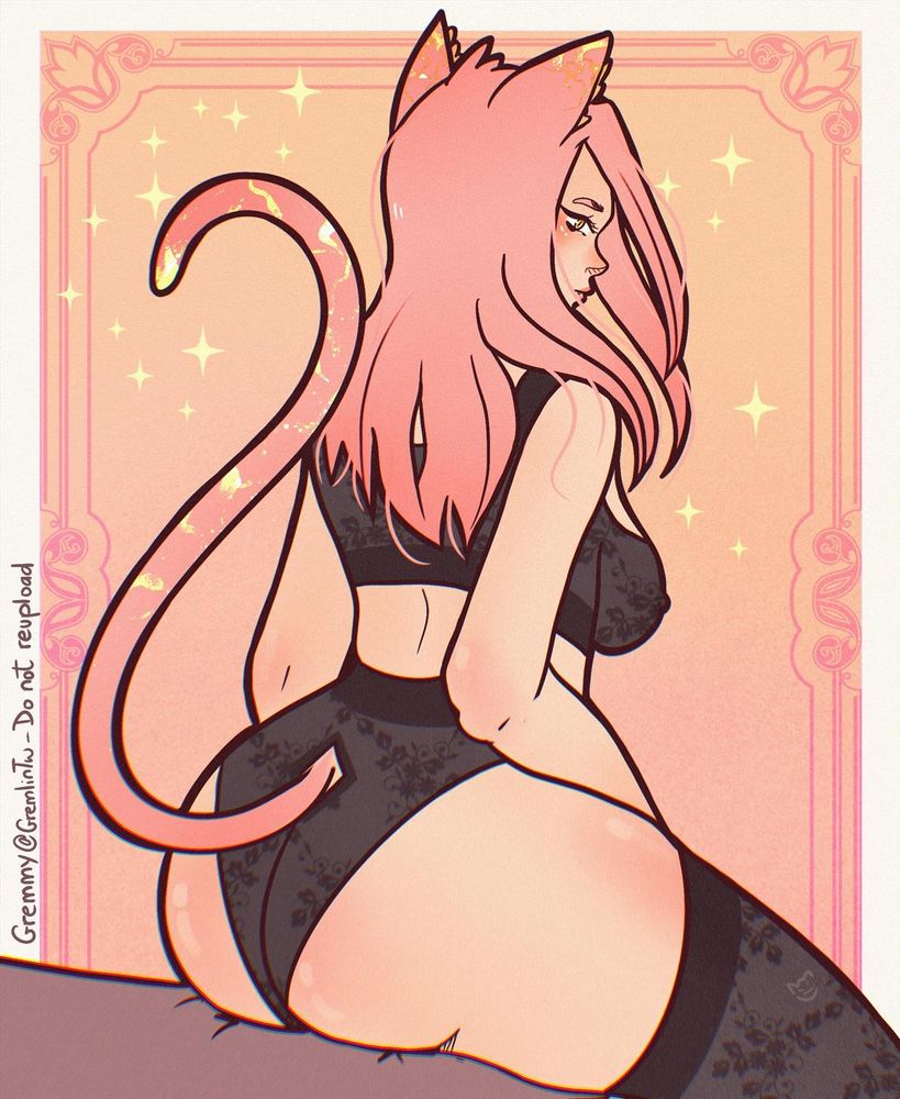 Gremmy with cat ears and tail in a see through black lingerie set, sitting down, her back to us (still can see a side boob tho)