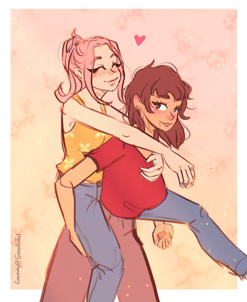 Gremmy piggyback riding another female oc. It's wholesome and cute