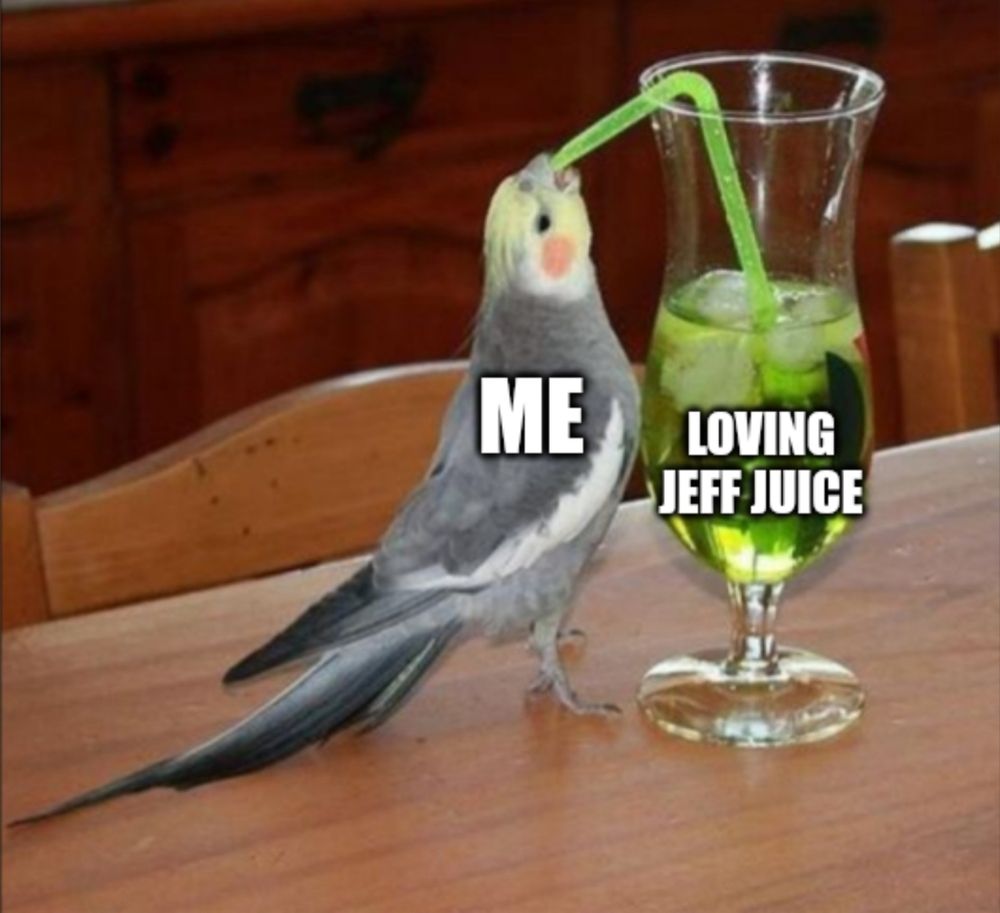 Picture of a bird labeled "Me" drinking out if a straw a liquid labeled "Loving Jeff juice"  a reference to Jeff the Land Shark from Marvel Rivals