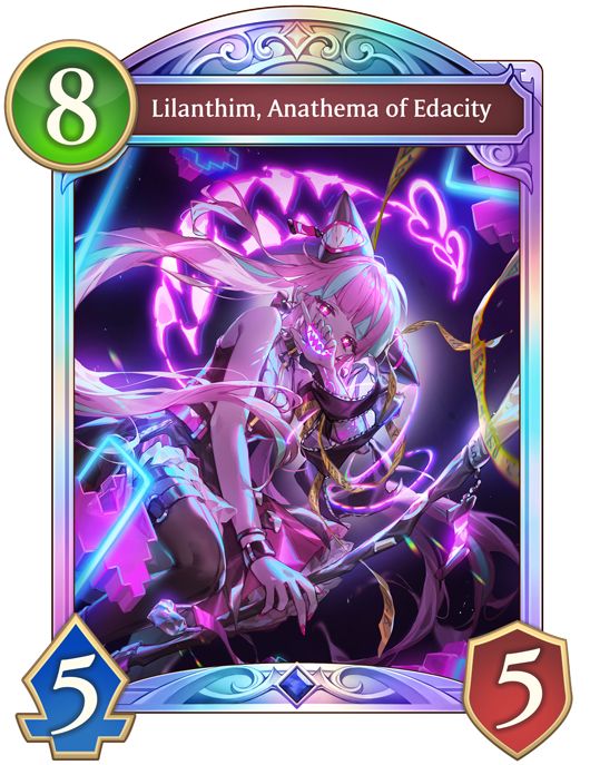 Lilanthim’s evolved card art. She’s a mischievous looking girl with a pink cyberpunk aesthetic, pink and blue hair with twin horn buns, and glowing eyes who is riding a broom. She is holding one hand palm-side forward in front of her mouth, and there is a glowing, sharp-toothed mouth shape on her palm, making it look like she has a creepy glowing smile. The art has a dark background with neon pink hearts, a neon pink sharp-toothed mouth shape, and jagged neon blue lines.