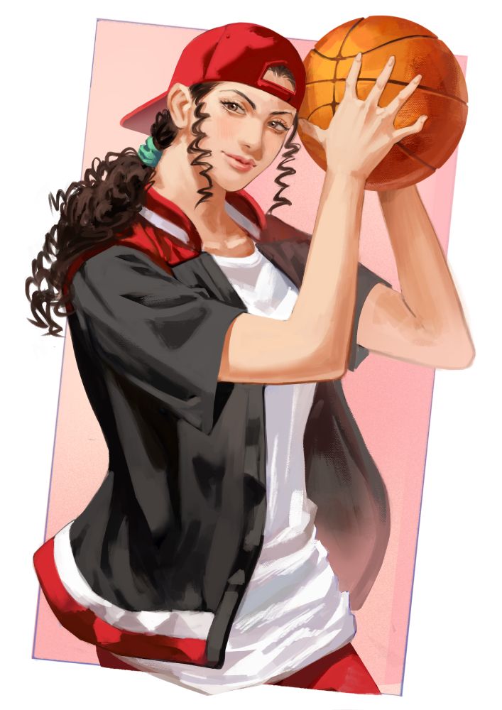 print art of Ayako from The First Slam Dunk holding a basketball up near her head! she's wearing her outfit from TFSD, but has her hat turned backwards as a nod to the original Slam Dunk series.
Art by NDSoda! :)