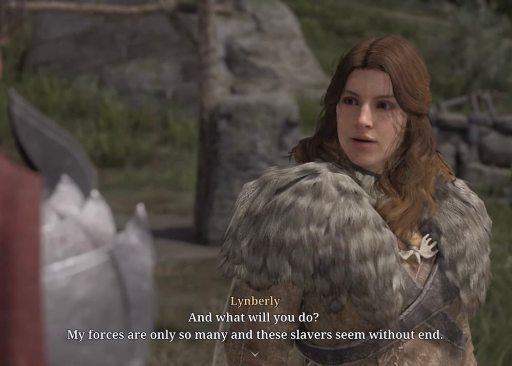 A screencap of Game of Thrones: Kingsroad early access footage, featuring Lynberly Hornwood speaking to the player character.