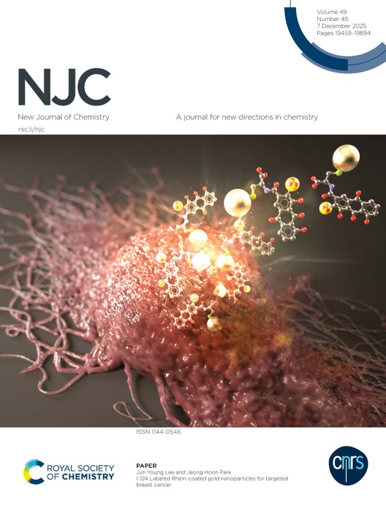 The outside front cover of NJC Volume 49, Number 45.

The featured article is 'I-124 Labeled Rhein-coated gold nanoparticles for targeted breast cancer' Jun Young Lee and Jeong Hoon Park.

The artwork shows gold nanoparticles functionalised with the rhein anthroquinone derivative, featuring yellow spheres with the radiation symbol to represent iodine-124. The nanoparticles glow as they approach a tumor.