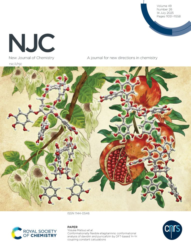 Outside Front Cover of Volume 49, Number 26 of NJC.

Featured article is Conformationally flexible ellagitannins: conformational analysis of davidiin and punicafolin by DFT-based 1 H– 1 H coupling constant calculations' by Yosuke Matsuo and coworkers.

Artwork shows drawings of two plants - the dove tree and the pomegranate - known to contain ellagitannins, overlaid with ball-and-stick models of davidiin and punicafolin. 