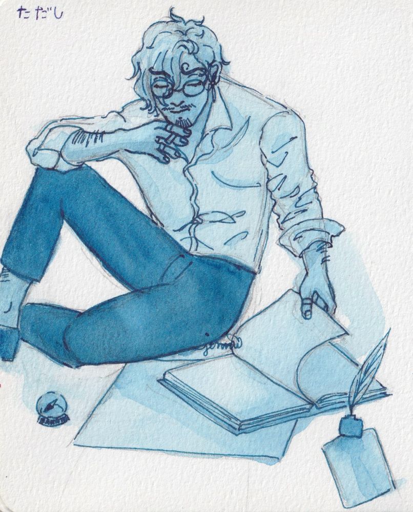 Traditional fanart of One Piece’s Sanji in his post timeskip hairstyle sitting on the floor with his right leg perched up so his right arm can rest on top holding a cigarette by his mouth. His right hand has rings on  his index and ring fingers. His left hand is turning pages of a book that’s placed in front of him on the floor and on top of a large paper. He is looking down at the book. To the right of the image is a feather quill and ink jar with a small piece of paper. On the left is an eternal pose that’s labeled, “Baratie.” Sanji is wearing glasses, Zoro’s single earring in his left ear. His outfit is a light button-up shirt tucked into dark slacks that show off his ankle and some leg hair. His sleeves are rolled up messily, also showing his arm hair. The entire piece is colored with a monotone blue of different saturations. Artist signed “jennii” in the center.