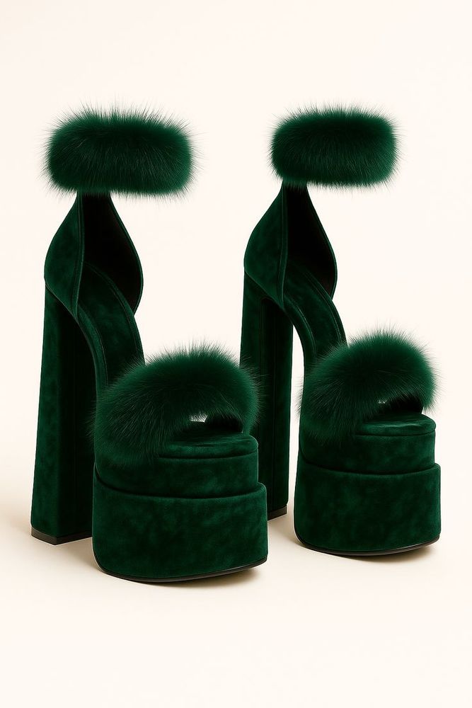 Green velvet platform heels with fur