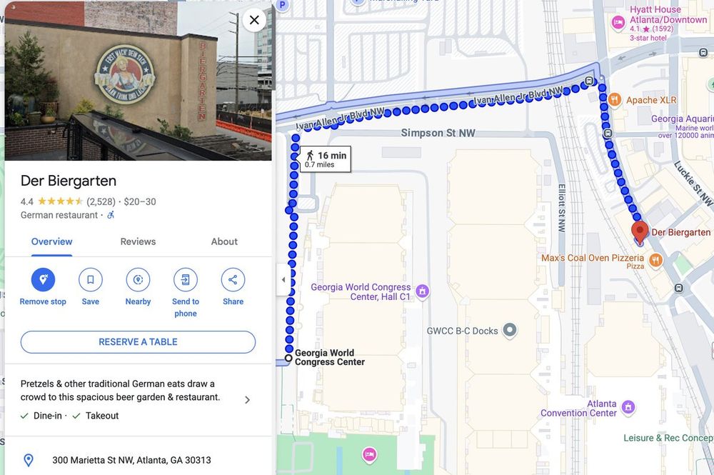 A Google Maps screenshot showing the route to Der Biergarten.
