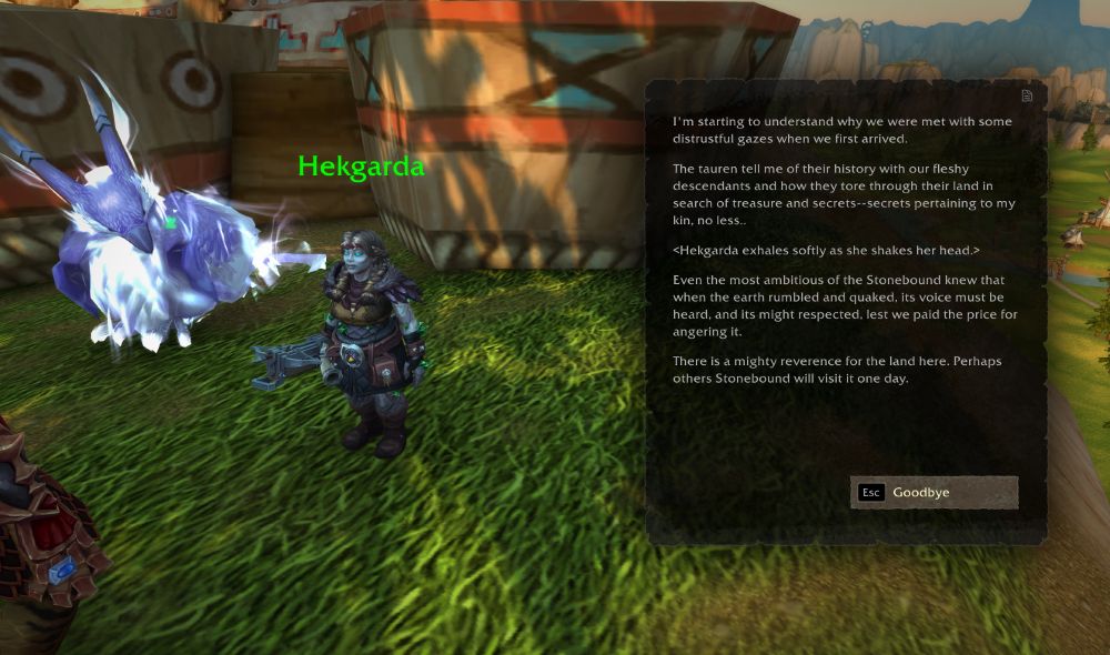 A Dracthyr talking to an earthen explorer in Thunderbluff. 
When spoken to they respond with:
"I'm starting to understand why we were met with some distrustful gazes when we first arrived.

The Tauren tell me of their history with our fleshy descendants and how they tore through their land in search of treasure and secrets--secrets pertaining to my kin, no less..

<Hekharda exhales softly as she shakes her head.>

Even the most ambitious of the Stonebound knew that when the earth rumbled and quaked, its voice must be heard, and its might respected, lest we paid the price for angering it.

There is a mighty reverence for the land here. Perhaps other Stonebound will visit one day."