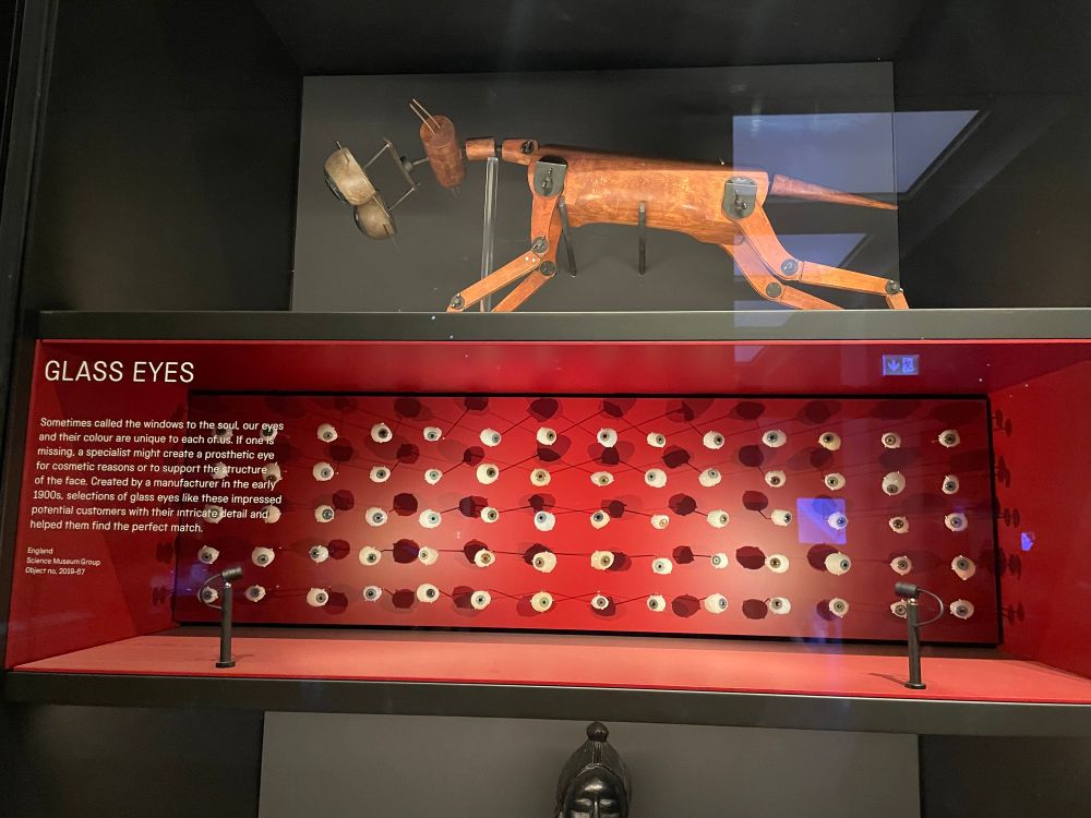 Vitrina de ojos de cristal en el Museo de Ciencia y tecnología de Londres.