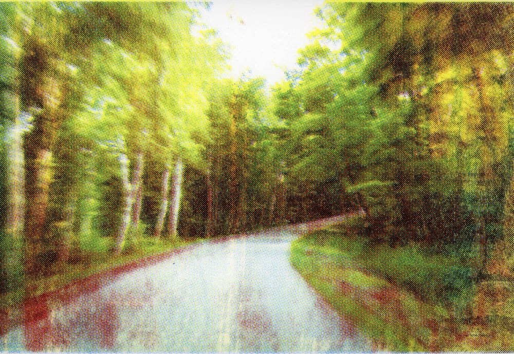 12x8in cmyk screenprint of a photograph taken on a bicycle on Washington Island, Wisconsin. Magenta layer is too dark and prematurely drying in this one.