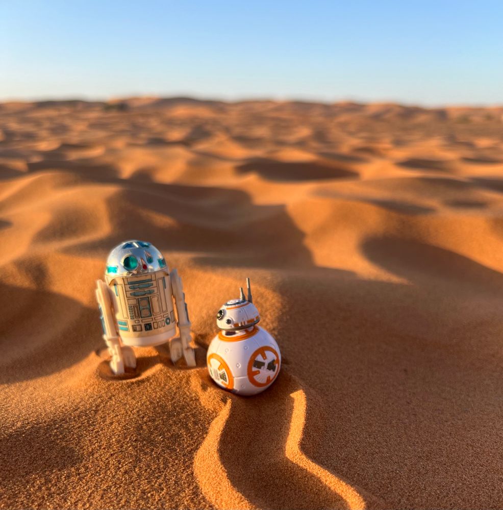 A vintage R2-D2 action figure and a BB-8 in the dunes of the Sahara desert