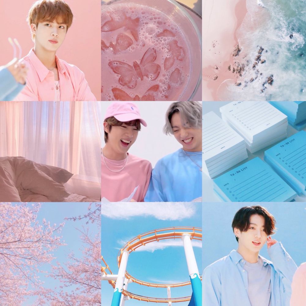 a moodboard of 9 pictures in a 3x3 grid, with mainly pastel pink and blue colouring. 

images from left to right, top to bottom: jin in a pink shirt, a glass with a pink liquid and ice cubes shaped like butterflies, a beach shot from above with pink sand and blue water, blankets and sheer curtains bathed in pink light, jin in pink and jungkook in blue laughing together, stacks of to do list papers in white and blue, light blue sky interrupted by cherry blossom tree branches, rollercoaster track, jungkook in a blue shirt