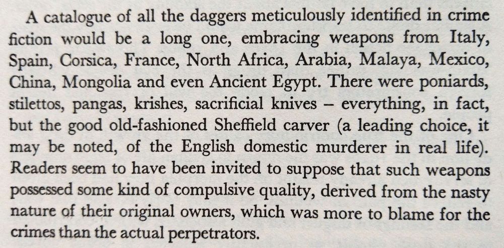 A paragraph from "Snobbery With Violence - English Crime Stories and their Audience" (1971), indicating that the kitchen knife as murder weapon is not a new phenomenon. In this specific instance, Watson cites the Sheffield carving knife such as might be part of a knife-fork-steel set given as a wedding present and brought out once a year to deal with the Christmas turkey.