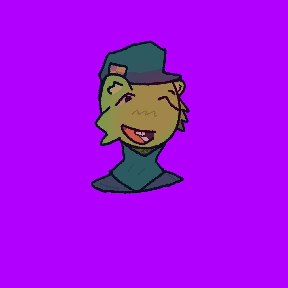 Flippy (Happy Tree Friends) with his mouth open showing his back teeth, one eye open and one eye closed. Happy. (And passive.)