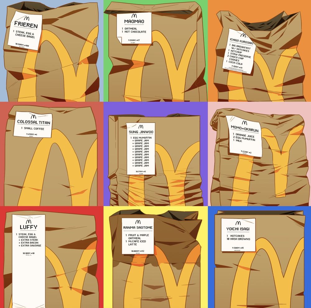 A series of McDonald’s bags with the order receipt taped to the outside, each featuring a mock order from anime character for example, Colossal Titan has ordered 1 small coffee.
