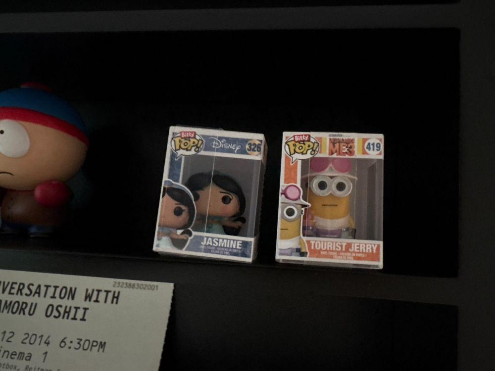Two mini “Funko” figurines on a shelf: one depicting a girl character named Jasmine, one depicting a yellow character wearing beach attire named Tourist Jerry.